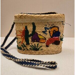 Vintage Small Handmade Colorful Straw Basket Weve Mexican Bag Purse